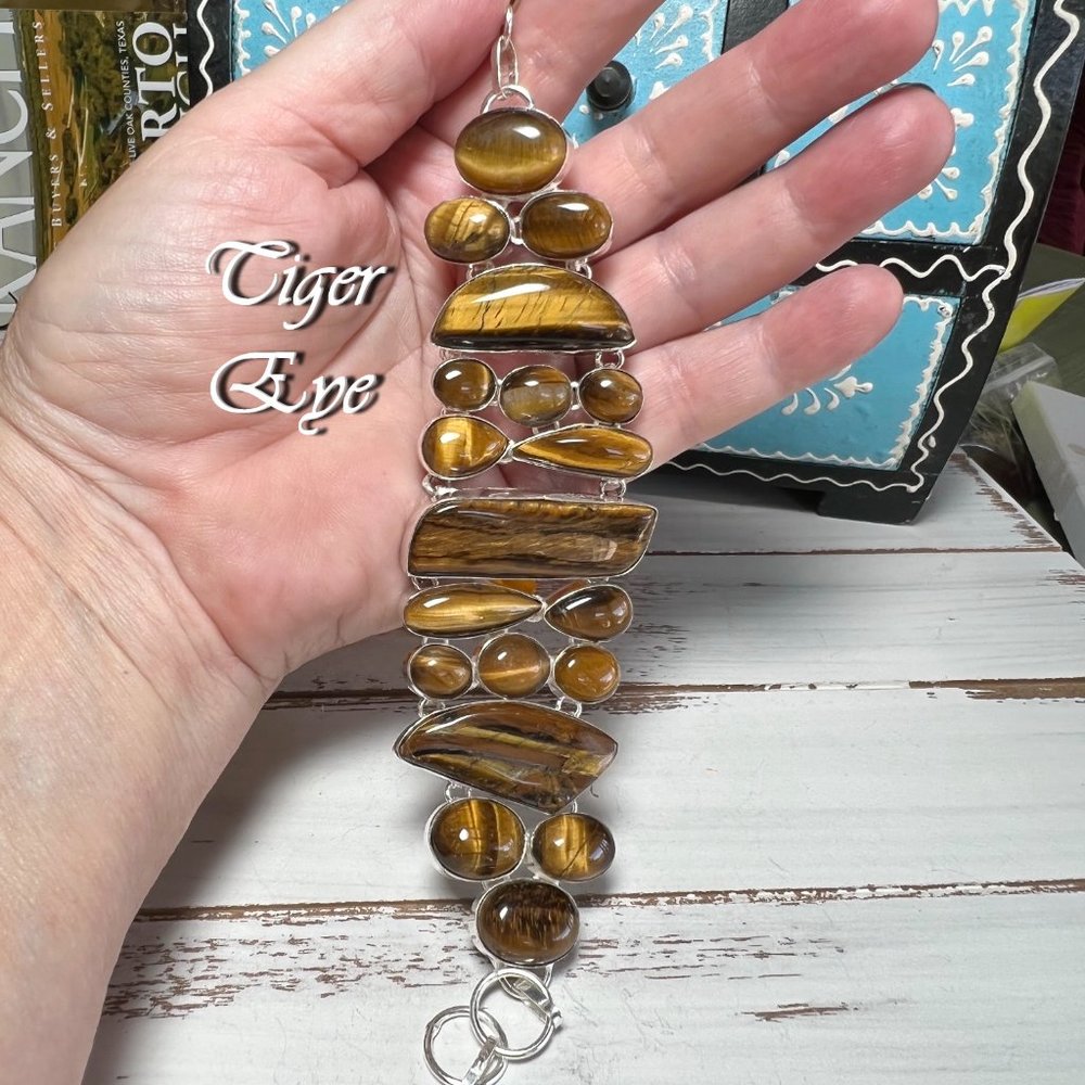 Tiger Eye Bracelet Handmade Gemstone Crystal 925 Silver Large Adjustable Ethnic - Picture 12 of 12